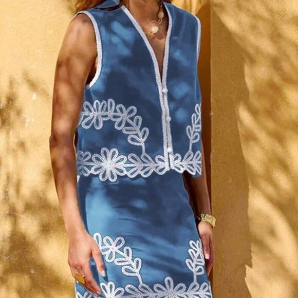 Blue Bohemian Women's Sleeveless Embroidered Vest & Skirt Set